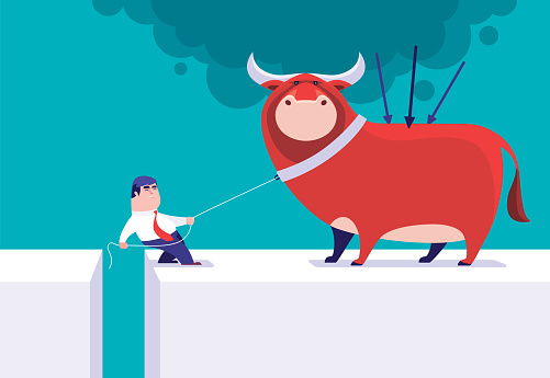 vector illustration of businessman pulling injured bull