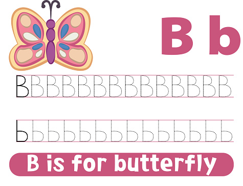Tracing alphabet letter B with cute butterfly. Worksheet for children.