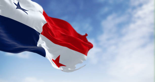 Panama national flag waving in the wind on a clear day Panama national flag waving in the wind on a clear day. The Republic of Panama is a State of Central America. Rippled fabric. Selective focus. 3d illustration render. Selective focus 3d panama flag stock pictures, royalty-free photos & images