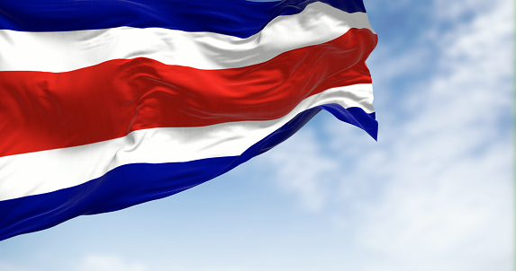 Close-up view of the Costa Rica national civil flag waving. Blue, white, red, white, blue horizontal stripes. 3d illustration render. Fluttering fabric