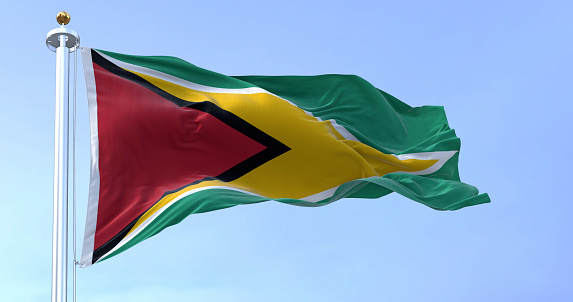 Close-up view of the Guyana national flag waving in the wind. The Co‑operative Republic of Guyana is a country on the northern mainland of South America. Fabric textured background. Selective focus