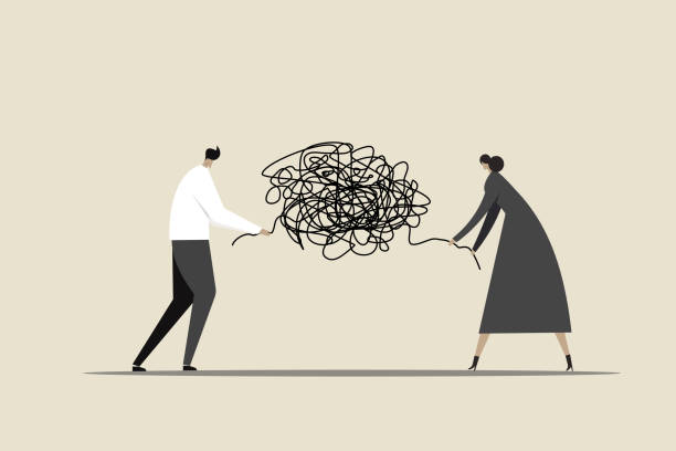 istock Conceptual illustration of a man and woman untangle their complex personal problems 1496610280