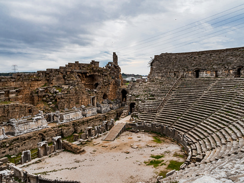 Ruins of an amphitheater in the ancient city of Perge, Turkey. No people.