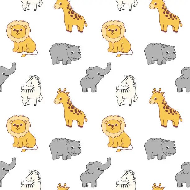 Vector illustration of Vector seamless pattern with cute giraffe, zebra, lion, elephant and hippopotamus on white background. Animal character illustration hand drawn.