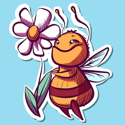 Digital art of a bumblebee sniffing a white flower. Vector of a cartoon bee happily smelling a daisy.