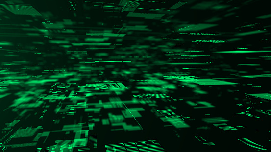 Abstract digital cyberspace with moving particles. Cyber security database. Matrix technology decoder. Futuristic hi-tech background with green dots. High speed big data. 3d rendering.