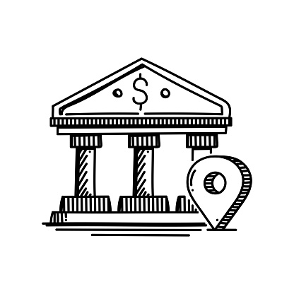 Bank Building Location Line icon, Sketch Design, Pixel perfect, Editable stroke. Logo, Sign, Symbol. Banking, Finance, Money, Coin, Investment, Map, Navigation.