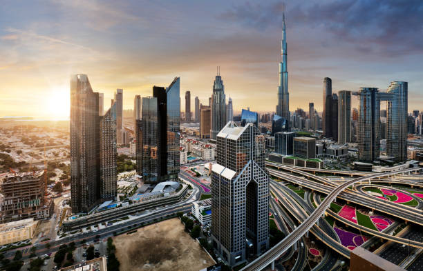 istock Beautiful aerial sunrise in Dubai centre with panoramic skyline view, UAE 1496617856