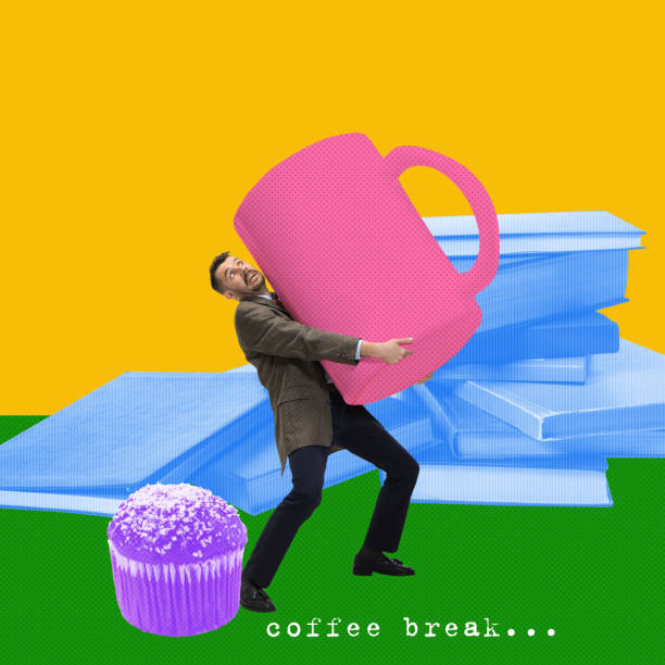 istock Employee, office worker carrying giant coffee cup during lunch break. Energy for work. Contemporary art collage. 1496618256