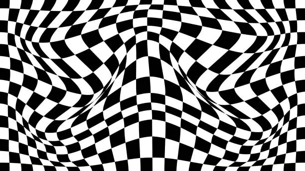 Vector illustration of Vector wave with optical illusion with black and white cube. Abstract geometric chess pattern. Psychedelic texture. Op art with monochrome background. Floor checkerboard.