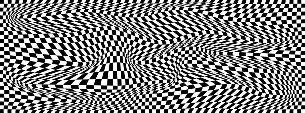 Vector illustration of Vector wave with optical illusion with black and white cube. Abstract geometric chess pattern. Psychedelic texture. Op art with monochrome background. Floor checkerboard.