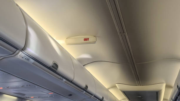 istock Exit sign in modern jet plane. Air travel safety and aircraft exit 1496620622