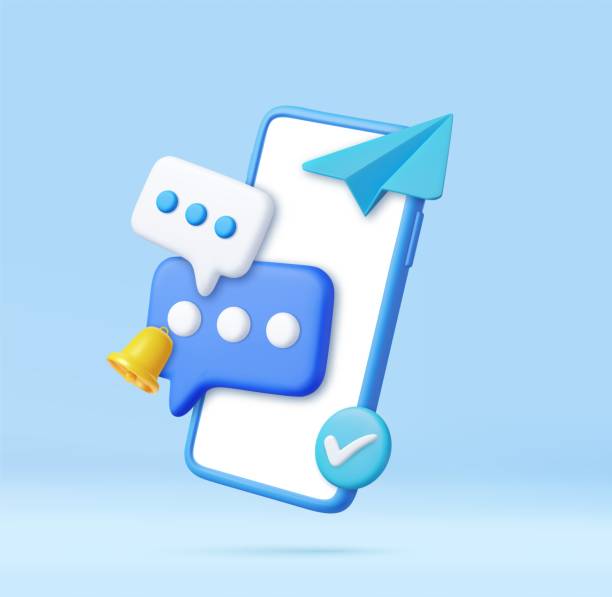 3D Mobile Phone with Speech bubble messages. 3D Mobile Phone with Speech bubble messages. Online chatting via smartphone with bell notification. Social media marketing concept. 3d rendering. Vector illustration three dimensional stock illustrations