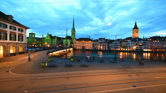 Beautiful night view of historic city center of Zurich, Switzerland.