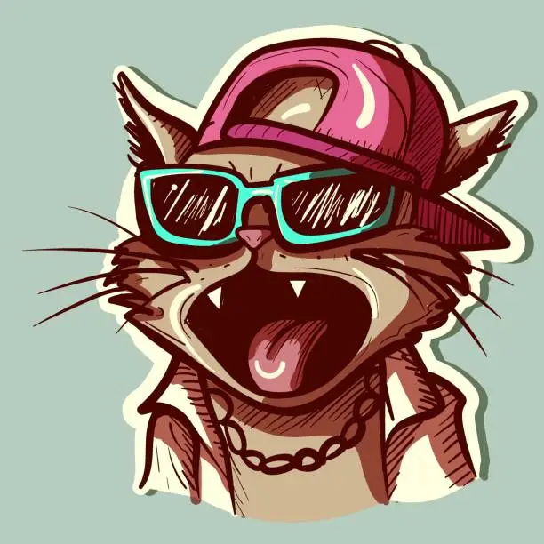 Vector illustration of Digital art of a thug cat screaming and wearing a hat, shirt and sunglasses. Vector of a kitty yelling.