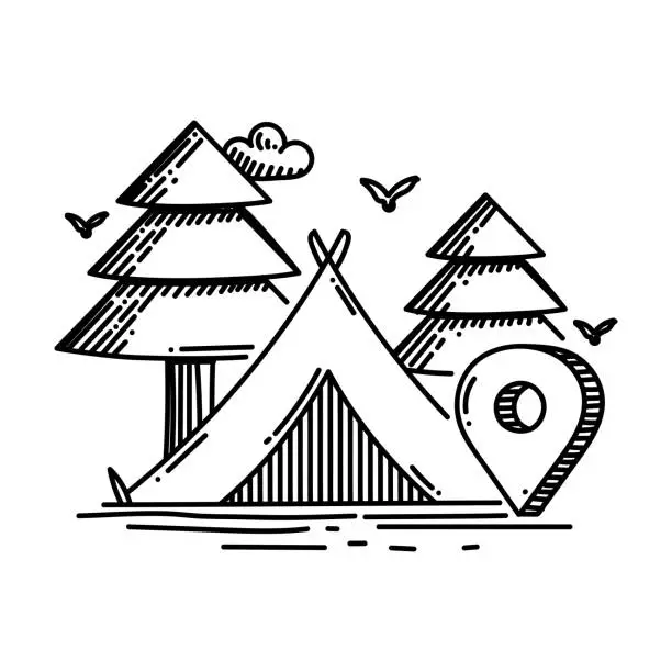 Vector illustration of Camping Tent and Camp Location Line icon, Sketch Design, Pixel perfect, Editable stroke. Logo, Sign, Symbol.