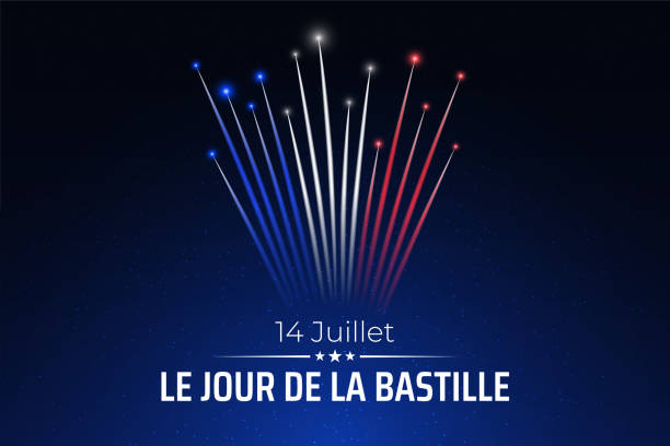 ilustraciones, imágenes clip art, dibujos animados e iconos de stock de banner 14 de julio día de la bastilla en francia, plantilla con fuegos artificiales de colores franceses sobre fondo de cielo oscuro. fuegos artificiales bandera de francia. fiesta nacional francesa. vector. traducción: día de la bastilla del 14 de juli - blue background french culture european culture france