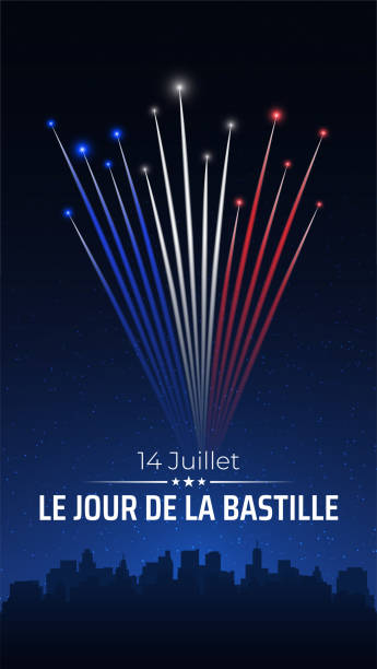 illustrations, cliparts, dessins animés et icônes de bannière 14 juillet jour de la bastille en france, modèle avec feux d’artifice colorés français sur fond de ciel sombre. feux d’artifice france drapeau. fête nationale française. vecteur. traduction : 14 juillet jour de la bastille - blue background french culture european culture france