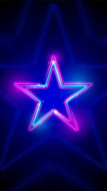 istock Neon, led star. Background, mobile phone wallpaper. Pink blue purple sparkling neon star, glowing led lines. HD, 4k backdrop, wallpaper. Vector illustration 1496623408