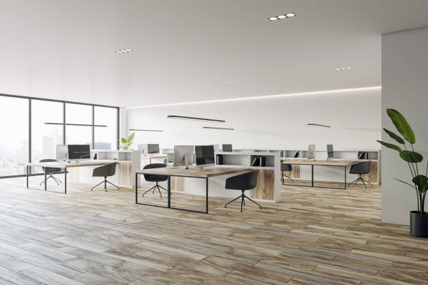 istock Modern office interior design with wooden floor. 3D rendering 1496626325