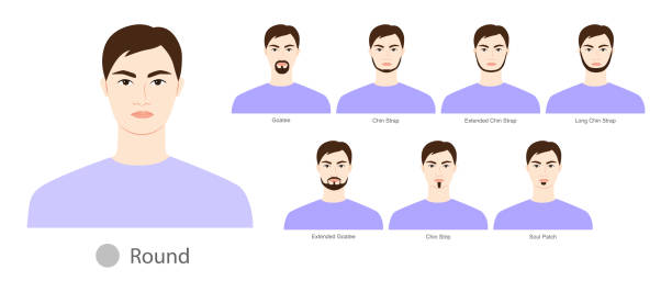 ilustrações, clipart, desenhos animados e ícones de conjunto de estilo de barba para a forma de rosto redondo e bigode homens ilustração cabelo facial. modelo de moda masculina do retrato do vetor - men human hair beautiful chin