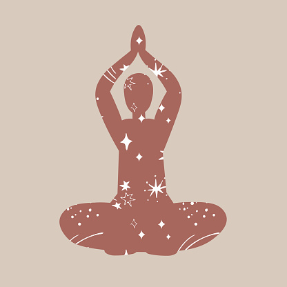 Yoga silhouette of a meditating man in the stars decorative flat vector illustration. The connection of human with the cosmos, ritual practices,  template for  International Day of Yoga,  for poster, card, banner, logo