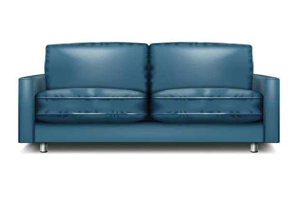 istock Navy blue modern sectional sofa. Contemporary couch with metal legs. Settee with cushions. Realistic vector illustration 1496628372