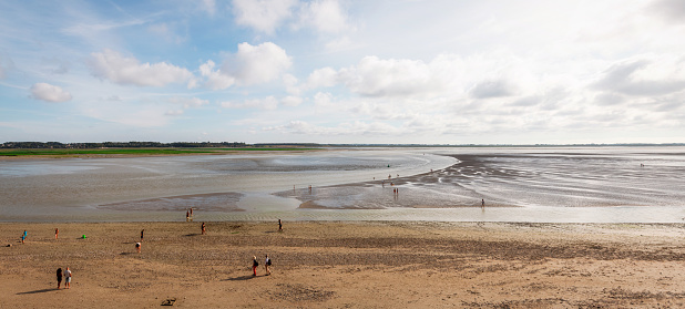 wide stitched panorama of somme bay at low tide at the beach in Le Crotoy, Haute France,