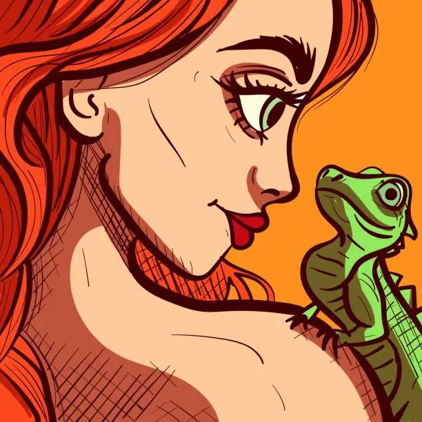 Vector illustration of Closeup illustration of a redhead woman holding a lizard on her shoulder. Digital art of a girl and her pet iguana, cartoon vector