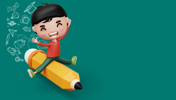 istock Happy child with pancil, cute boy cartoon character, 3d rendering 1496631170