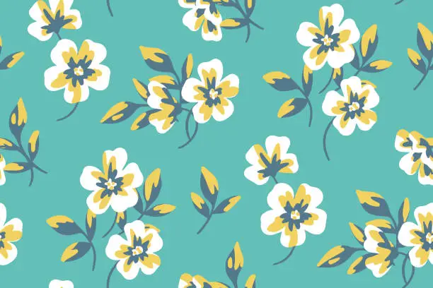 Vector illustration of Seamless floral pattern with decorative art hand drawn flowers, leaves on a blue background. Vector illustration.
