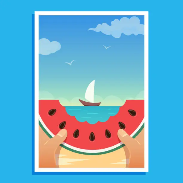 Vector illustration of Landscape with human hands holding a piece of watermelon and a ship in the background