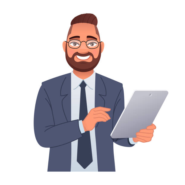 ilustrações de stock, clip art, desenhos animados e ícones de smiling businessman with glasses holds a tablet computer in his hand. internet surfing and working in a mobile application. - mobile phone internet business surfing