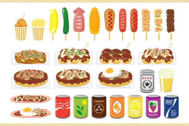 illustrazioni stock, clip art, cartoni animati e icone di tendenza di set di icone fast food. collezione di icone di fast food. set di materiale illustrativo del festival, cibo di strada e bevande. illustrazione vettoriale - okonomiyaki