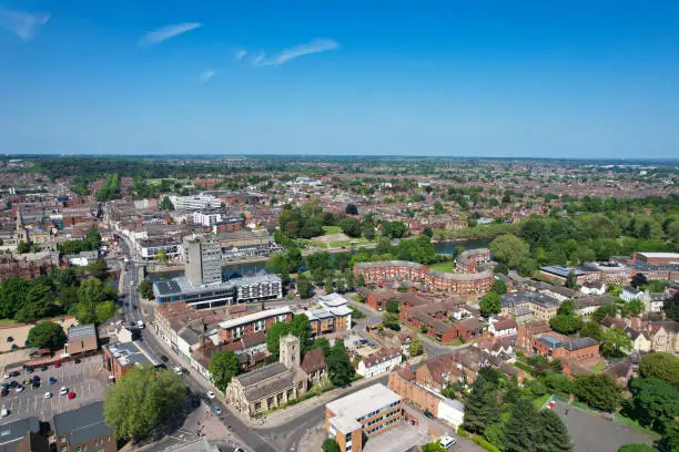 Beautiful Aerial Footage of Central Bedford City of England Great Britain of UK. The Downtown's Footage Was Captured with Drone's Camera from Medium Altitude from River Great Ouse on 27-May-2023.