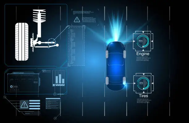 Vector illustration of Driving control system without driver assistance. Safe driving. Vector Futuristic car user interface. HUD UI.