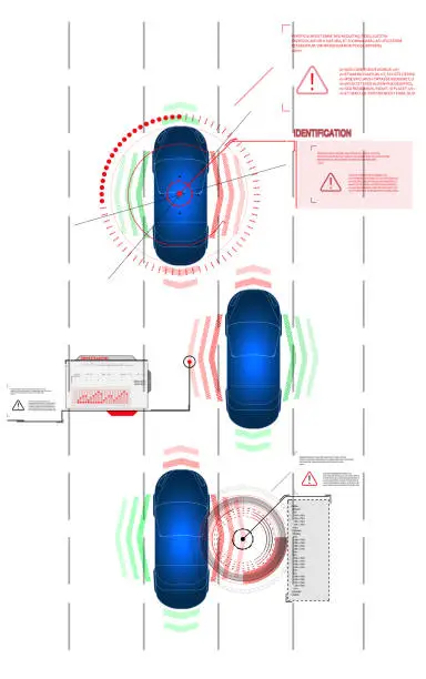 Vector illustration of Driving control system without driver assistance. Safe driving. Vector Futuristic car user interface. HUD UI