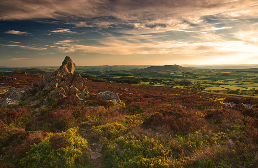 Image taken from the stiperstones looking out towards corndon hill and wales at sunset loop