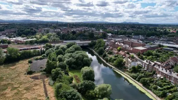 Aerial view of the market town of Shrewsbury in the county of Shropshire, England