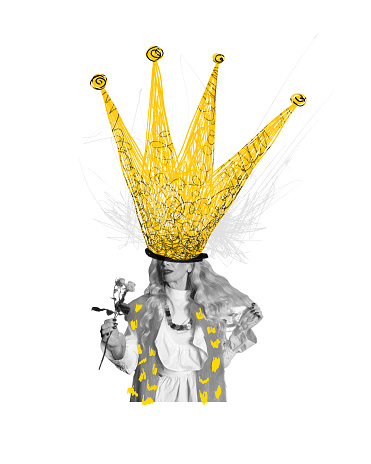 Senior beautiful lady wearing giant crown. Self-esteem, love and ego. Feelign better that others. Contemporary art collage. Concept of inner world, feelings, mental health and psychology