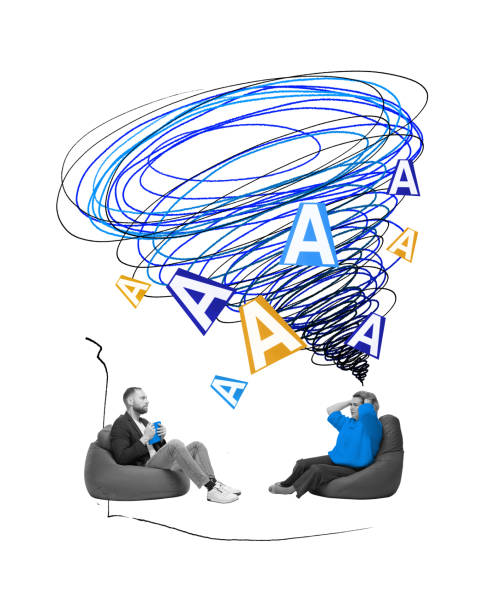 istock Tangled thoughts. Woman visiting psychotherapist for help. Endless flow of thoughts and worrying. Contemporary art collage. 1496639515