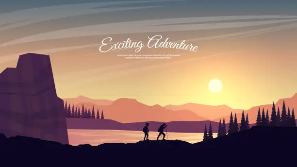 Vector illustration of Vector illustration. Travel concept of discovering, exploring and observing nature. Hiking. Adventure tourism. Flat design template of gift card, web banner, invitation, website. Evening landscape