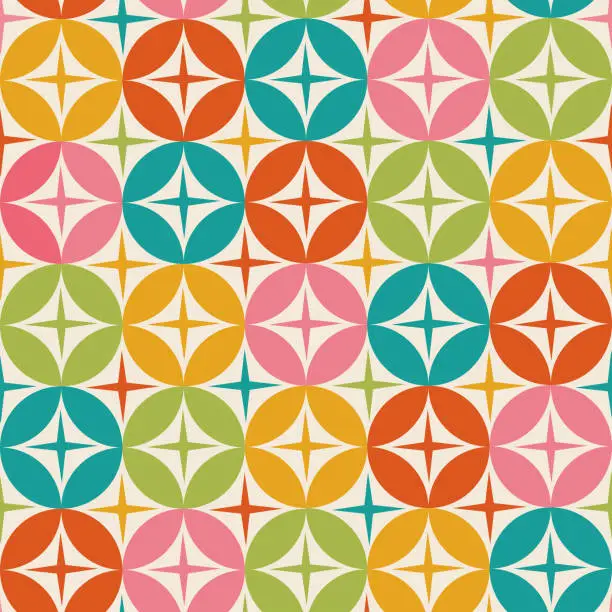 Vector illustration of Mid century modern colorful starbursts on geometric circles seamless pattern