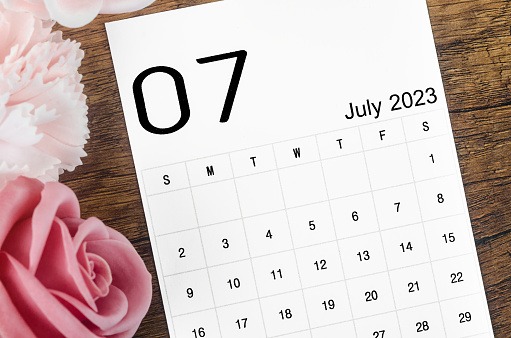 July 2023 Monthly calendar for 2023 year with pink rose on wooden background.