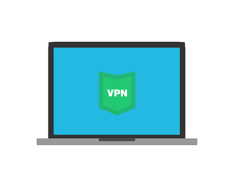 VPN shield icon on PC screen. Virtual Private Network protection vector illustration on laptop computer for security