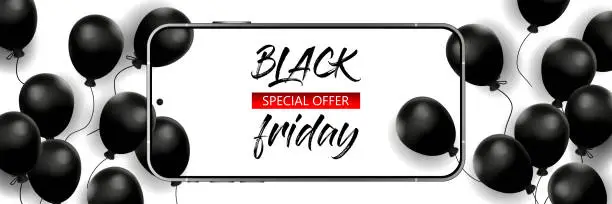 Vector illustration of The concept of seasonal sales and e-commerce in a modern style. Black Friday. Mobile phone with an online store application screen on a white background of black balloons. Stylish template for app and online store.