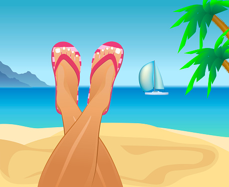 Cute pink striped slippers. Slender tanned female legs in flip-flops on the background of the ocean. Holidays at the resort. The pink summer sandals vacation on the beach. Rest on the sea. Vector EPS