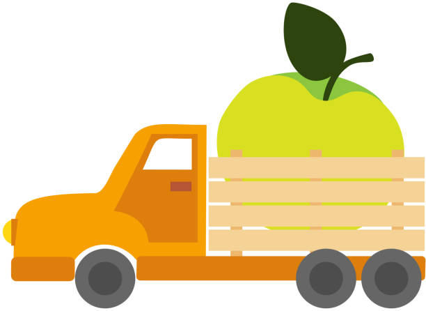 vektorillustration mit orangefarbenem lastwagen mit grünem apfel im cartoon-stil - pick up truck old car traffic stock-grafiken, -clipart, -cartoons und -symbole