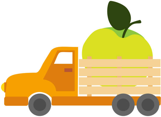 만화 스타일의 녹색 사과가 있는 주황색 트럭이 있는 벡터 그림 - pick up truck old car traffic stock illustrations