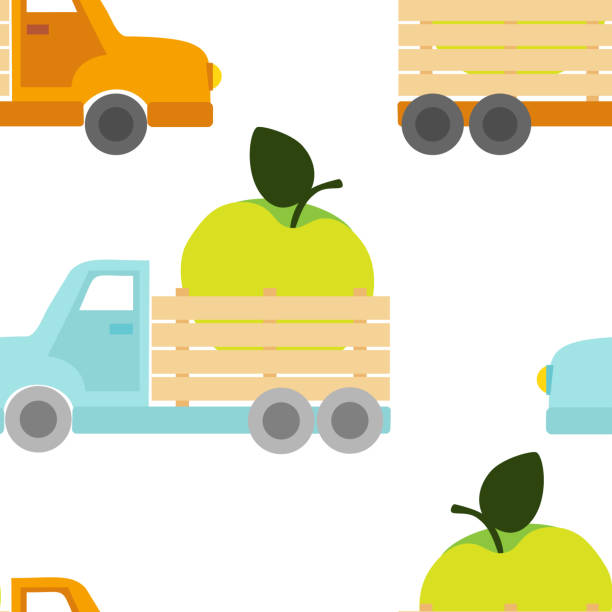 만화 스타일의 녹색 사과가 있는 주황색과 파란색 트럭이 있는 벡터 원활한 패턴 - pick up truck old car traffic stock illustrations